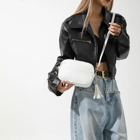 Damen Mode PU Leder Litschimuster Kameratasche Umhängetasche Mit Quasten-Dekor Geometrischer Jacquard Breiter Riemen Schultertasche