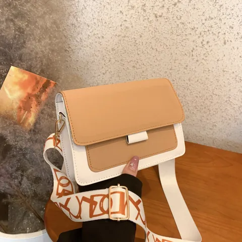 Bolso Bandolera Cuadrado Pequeño de Cuero PU para Mujer Retro Con Correa de Hombro Ancha de Jacquard Moda Costura Bolso