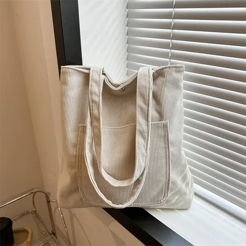 Bolso Tote de Pana de Gran Capacidad para Mujer Bolso de Hombro Vintage Color Sólido Con Cierre Magnético Viaje Diario