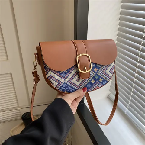 Women Ethnic Splicing Saddle Bag PU Leather Woven Fabric Patchwork Crossbody Bag Vintage Bohemian Shoulder Bag Buckle