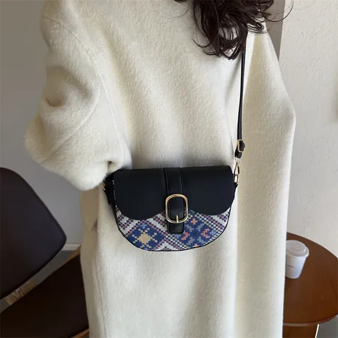 Women Ethnic Splicing Saddle Bag PU Leather Woven Fabric Patchwork Crossbody Bag Vintage Bohemian Shoulder Bag Buckle