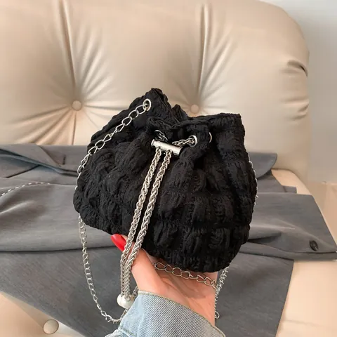 Damen Mode Plissee Textur Bucket Bag Mit Metallkette Perle Kordelzug Schulter Umhängetasche Trendy Handtasche