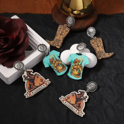 Vintage Western Cowboy Holz Ohrhänger Für Damen Legierung Sonnenblume Stecker Mehrere Muster Cowboystiefel T-Shirt Druck Schmuck