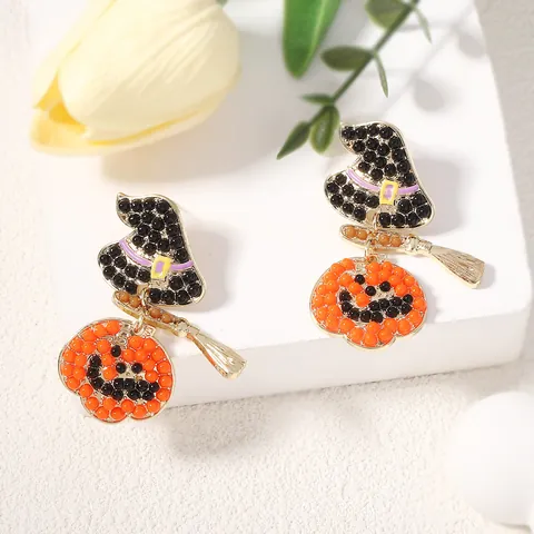 Boucles d'Oreilles Pendantes Halloween Chapeau De Sorcière Balai Citrouille Pour Femme En Alliage De Zinc Perlé Strass Bijoux De Fête