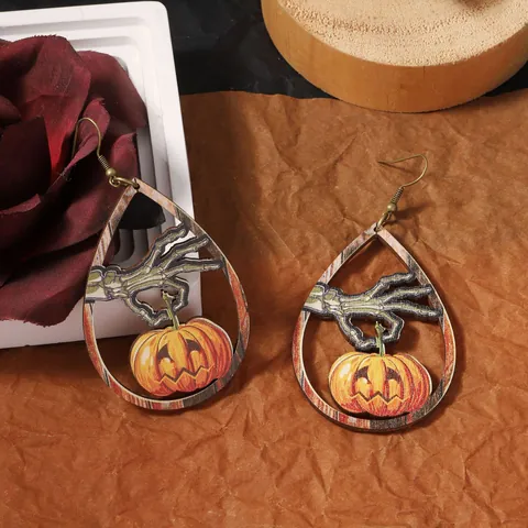 Halloween Creative Wooden Drop Earrings Pumpkin Witch Hat Skeleton Hand Black Cat Festive Party Costume Jewelry For Women