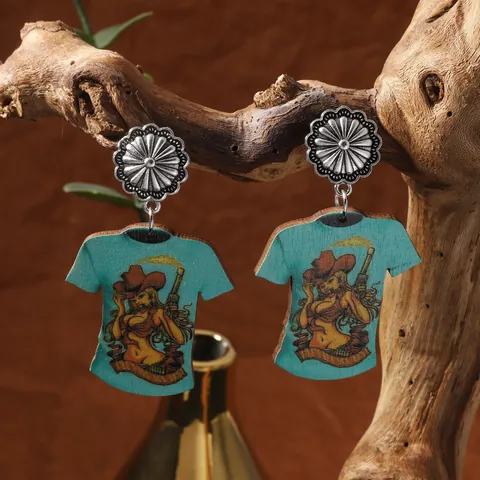 Vintage Western Cowboy Holz Ohrhänger Für Damen Legierung Sonnenblume Stecker Mehrere Muster Cowboystiefel T-Shirt Druck Schmuck