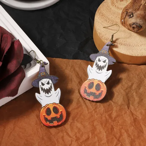 Halloween Wooden Printed Ghost Pumpkin Witch Hat Dangle Earrings Funny Cartoon Festive Party Hook Jewelry Accessory For Women