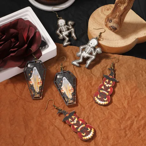 Vintage Halloween Orecchini in Legno Stampati Scheletro Zucca Fantasma Gioielli per Donna Decorazione Festa Ganci