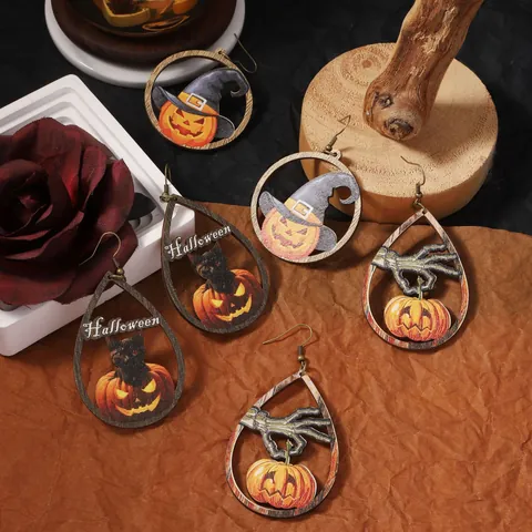 Halloween Creative Wooden Drop Earrings Pumpkin Witch Hat Skeleton Hand Black Cat Festive Party Costume Jewelry For Women