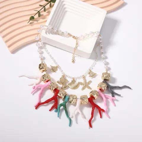 Hawaiian Beach Multi-Layered Faux Pearl Necklace With Starfish Shell Fish Charms Colorful Coral Pendants Alloy Jewelry For Women