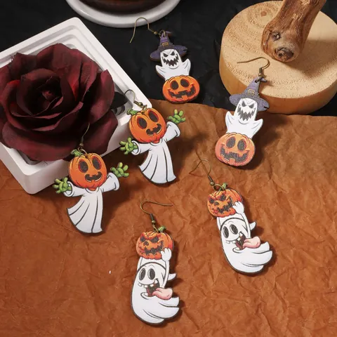 Halloween Wooden Printed Ghost Pumpkin Witch Hat Dangle Earrings Funny Cartoon Festive Party Hook Jewelry Accessory For Women