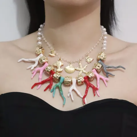 Hawaiian Beach Multi-Layered Faux Pearl Necklace With Starfish Shell Fish Charms Colorful Coral Pendants Alloy Jewelry For Women