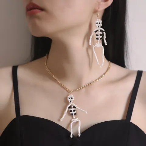 Halloween Gothic Handmade Beaded Skeleton Pendant Necklace And Earring Alloy Plastic Jewelry For Women Party Costume Accessory