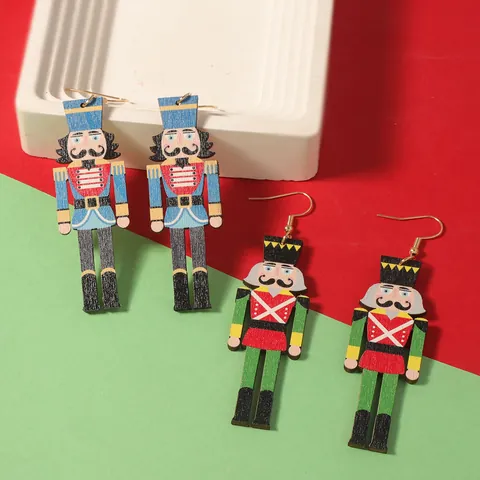 Pendientes de Gota de Madera de Cascanueces de Navidad Soldado Colorido Gancho de Oreja de Dibujos Animados Joyería