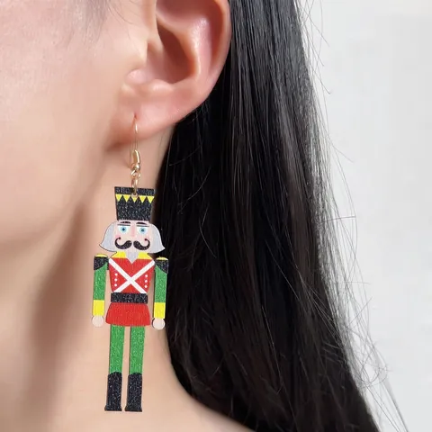 Pendientes de Gota de Madera de Cascanueces de Navidad Soldado Colorido Gancho de Oreja de Dibujos Animados Joyería