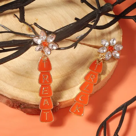 Halloween Trick Or Treat Alloy Dangle Earrings Orange Enamel Flower Stud With Rhinestone Festive Party Jewelry For Women