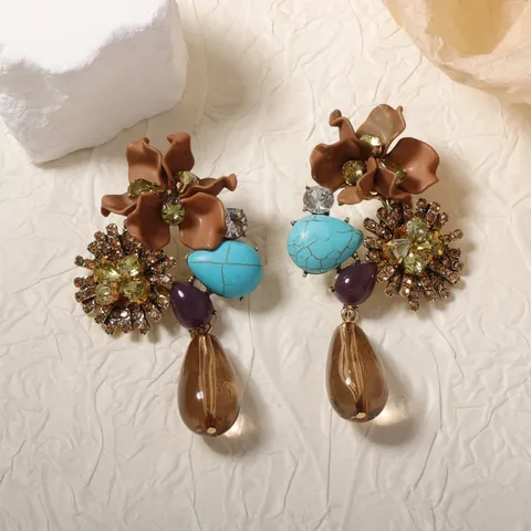 Bohemian Vintage Übergroße Harz Blume Wassertropfen Ohrhänger Für Damen Legierung Strass Ethnischen Stil Statement Schmuck