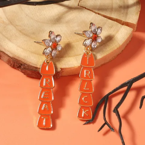 Halloween Trick Or Treat Alloy Dangle Earrings Orange Enamel Flower Stud With Rhinestone Festive Party Jewelry For Women