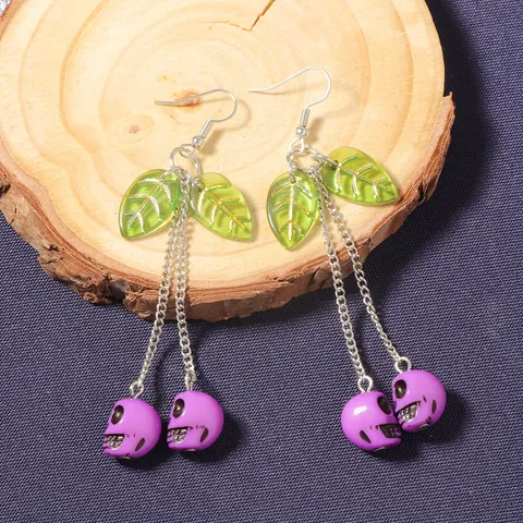 Creative Halloween Cherry Earrings With Skull Pendant Resin Leaf Gothic Long Tassel Dangle Earrings For Women Party Jewelry
