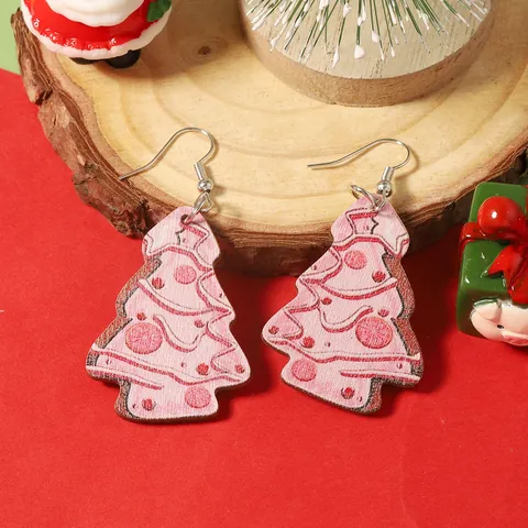 Christmas Tree Wooden Ear Hook Earrings Multicolor Printed Lightweight Wood Festive Drop Earrings For Women Party Gift
