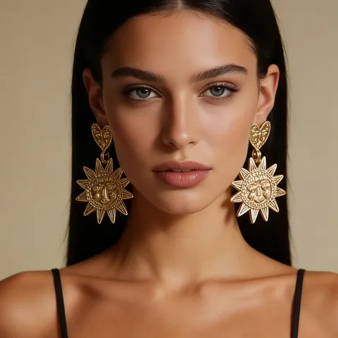 Retro Bohemian Sun God Face Heart Dangle Earrings For Women Zinc Alloy Gold Silver Electroplated Statement Jewelry Accessory