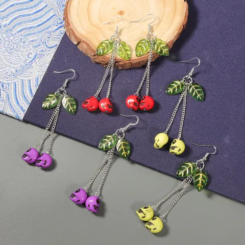 Creative Halloween Cherry Earrings With Skull Pendant Resin Leaf Gothic Long Tassel Dangle Earrings For Women Party Jewelry