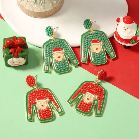 Creative Christmas Santa Claus Ugly Sweater Drop Earrings Enamel Bead Alloy Dangle Earrings For Women Holiday Party Jewelry