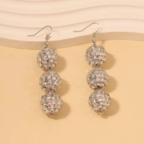 Vintage Silver Mirror Disco Ball Drop Earrings Triple Tiered Dangle Earrings For Women Retro Party Club Jewelry Accessory