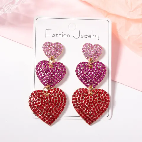 Boucles d'Oreilles Pendantes Triple Cœur en Alliage Strass Dégradé Rose Rouge Zirconia pour Saint Valentin Bijoux Femme
