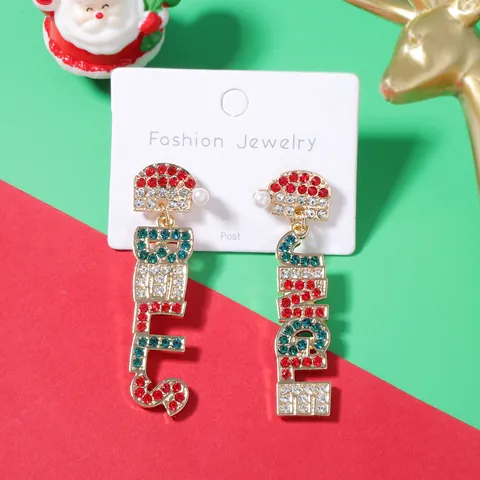 Pendientes Largos con Alfabeto de Navidad Jingle Bells Believe para Mujer de Aleación de Zinc con Strass Gorro de Navidad Joyería Festiva