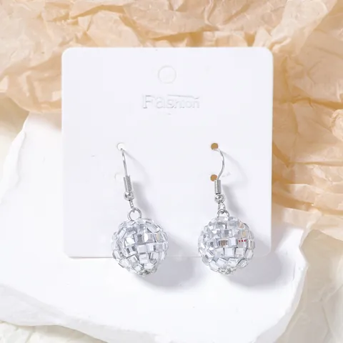 Retro Disco Ball Mirror Dangle Earrings Fashion Shiny Silver Tone Geometric Drop Earrings For Women Party Jewelry