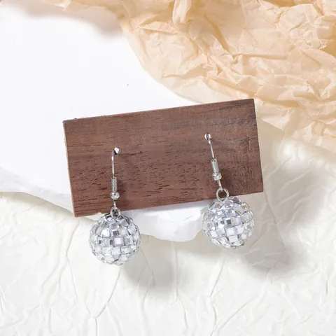 Retro Disco Ball Mirror Dangle Earrings Fashion Shiny Silver Tone Geometric Drop Earrings For Women Party Jewelry