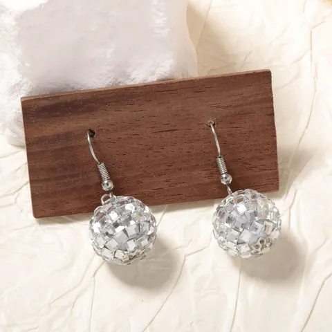 Vintage Disco Ball Drop Earrings Shiny Silver Mirror Geometric Mirror Ball Ear Hook Jewelry For Women Party Night Out