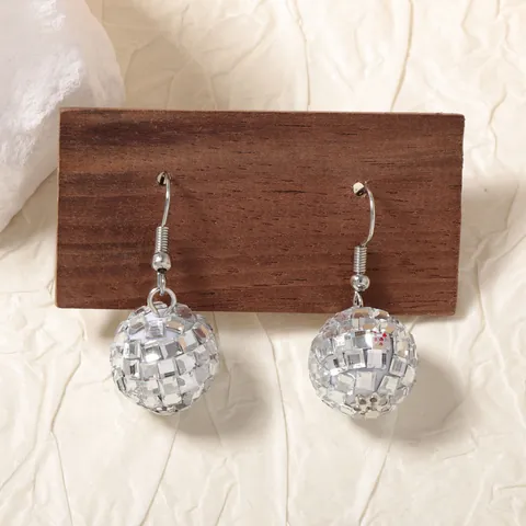 Vintage Disco Ball Drop Earrings Shiny Silver Mirror Geometric Mirror Ball Ear Hook Jewelry For Women Party Night Out