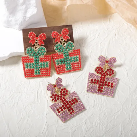 Pendientes Colgantes de Caja de Regalo de Navidad con Lazo Mujer Aleación Strass Cuentas de Arroz Festivo Joyería