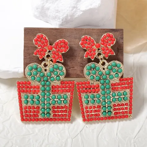 Pendientes Colgantes de Caja de Regalo de Navidad con Lazo Mujer Aleación Strass Cuentas de Arroz Festivo Joyería