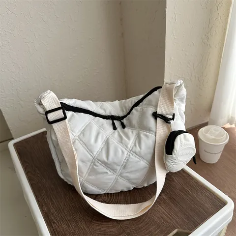 Bolso de Hombro Acolchado de Tela Oxford para Mujer Gran Capacidad Bolso Bandolera Hobo Con Mini Monedero Redondo Desmontable