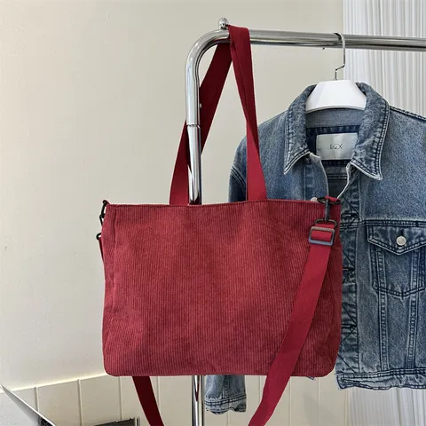 Bolso de Mano de Pana de Gran Capacidad para Mujer Bolso de Hombro Vintage Color Sólido Con Correa Ajustable Bolso Casual para Viaje Diario