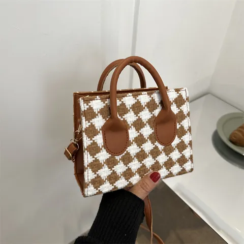 Mini Bolso Tote Pata de Gallo para Mujer Cuero PU Tweed Cuadros Bolso Cuadrado Pequeño de Hombro Con Correa Ajustable