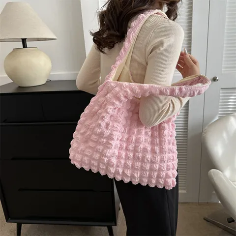 Borsa Tote da Donna alla Moda con Texture a Bolle Popcorn Grande Capacità Borsa a Tracolla Plissettata Minimalista Casual