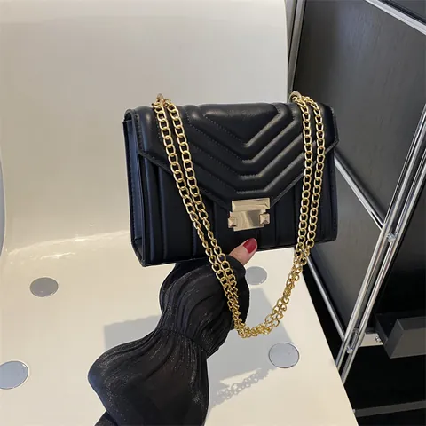 Women V Quilted PU Leather Shoulder Bag Small Square Chain Crossbody Handbag Gold Lock Fashion Daily Casual Bag