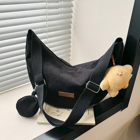 Sac Bandoulière en Velours Côtelé pour Femmes Grande Capacité Sac Hobo Croissant Sangle Large Réglable Avec Porte-Monnaie Rond et Pendentif Étoile