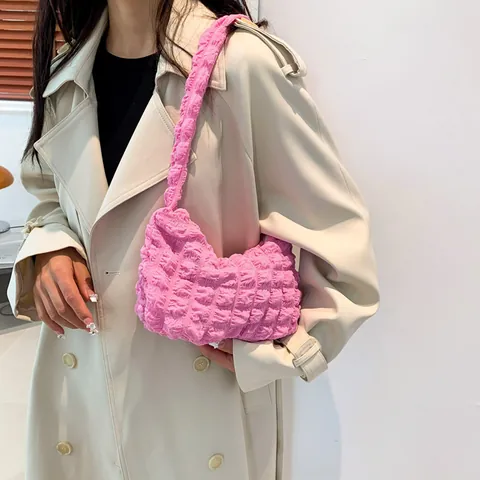 Borsa Sottobraccio in PU Pieghettata con Consistenza Popcorn da Donna Minimalista Tinta Unita Borsa a Tracolla Casual