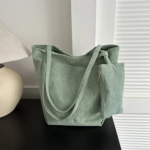 Dames Corduroy Tote Tas Grote Capaciteit Retro Gestreepte Schoudertas Met Magnetische Gesp Zachte Textuur Dagelijkse Handtas