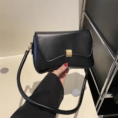 Bolso de Axila de Cuero PU Vintage Minimalista Mujeres Hebilla Cuadrada Dorada Color Sólido Bolso de Hombro Pequeño Moda Oficina Diario