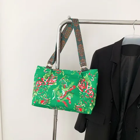 Ethnic Style Large Capacity Nylon Tote Bag For Women Vintage Peony Dragon Print Shoulder Bag With Wide Strap Fashion Handbag