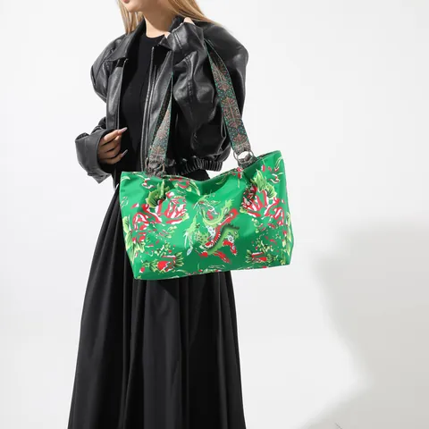 Ethnic Style Large Capacity Nylon Tote Bag For Women Vintage Peony Dragon Print Shoulder Bag With Wide Strap Fashion Handbag