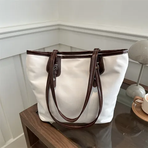 Bolso Tote de Gran Capacidad para Mujer Minimalista Lona PU Empalme Conmutar Bolso de Hombro Moda Color de Contraste