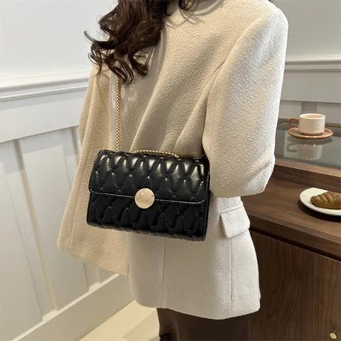 Women Quilted PU Leather Chain Shoulder Bag Wave Matelassé Small Square Bag With Gold Round Metal Lock For Daily Fashion