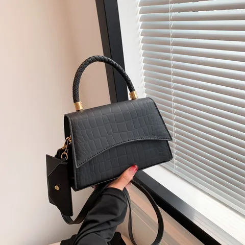 Sac à Main pour Femmes en Cuir PU avec Motif Crocodile et Poignée Tressée Sac Bandoulière Carré à la Mode avec Mini Pochette